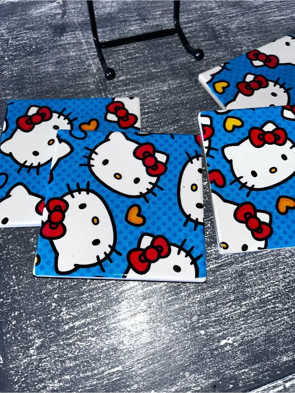 Hello Kitty Coasters w/black metal holder   4 coasters  4x4x.25